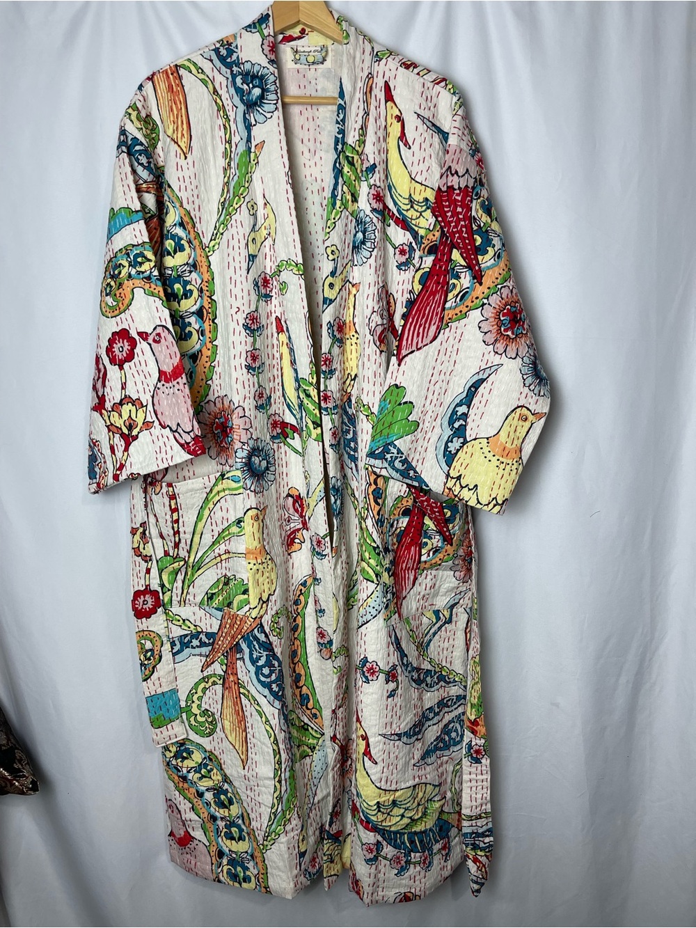Kantha Kimono Robe colorful bird-and-floral print Open-front robe tie